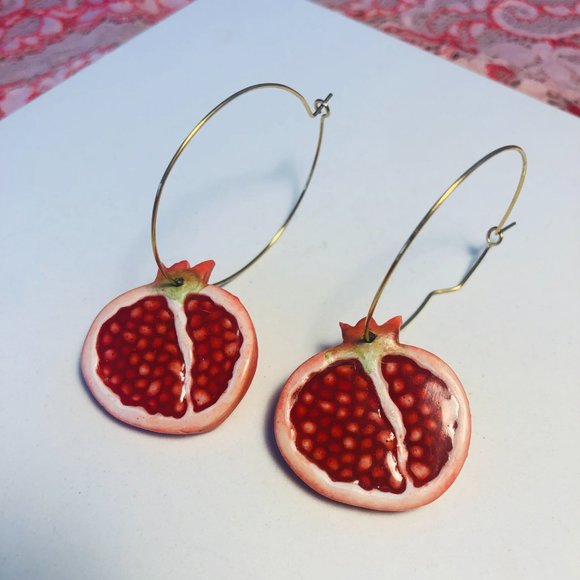 Red Pomegranate Hoop Earrings with Gold Hoops (Made with Polymer Clay & Resin) - Picture 9 of 12